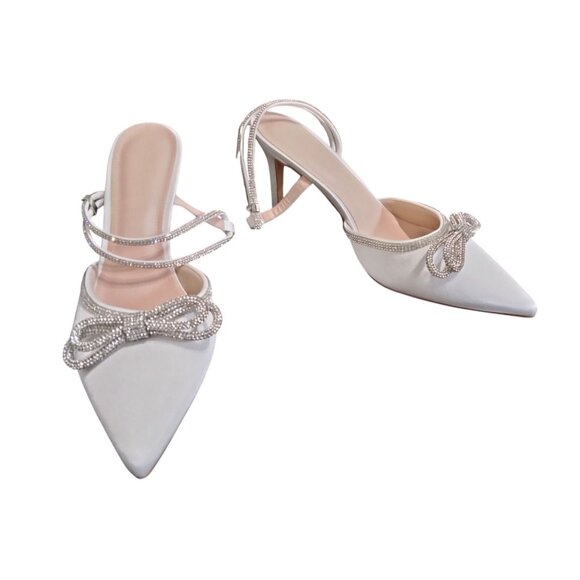 Susanny Size 12 Heel Womens White Satin Shoes Rhinestone Strappy Closed Toe Bow - Picture 2 of 7